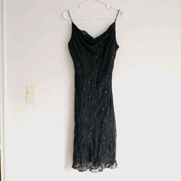 XSCAPE Joanna Chen Midi Dress 10/*Black Floral Silk Blend Mesh Beaded Strap Y2K - Picture 1 of 10